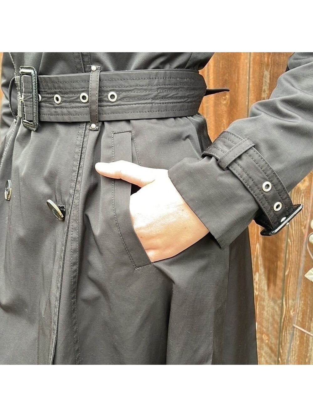 BLACK women’s double breasted trench coat - Picture 7 of 9